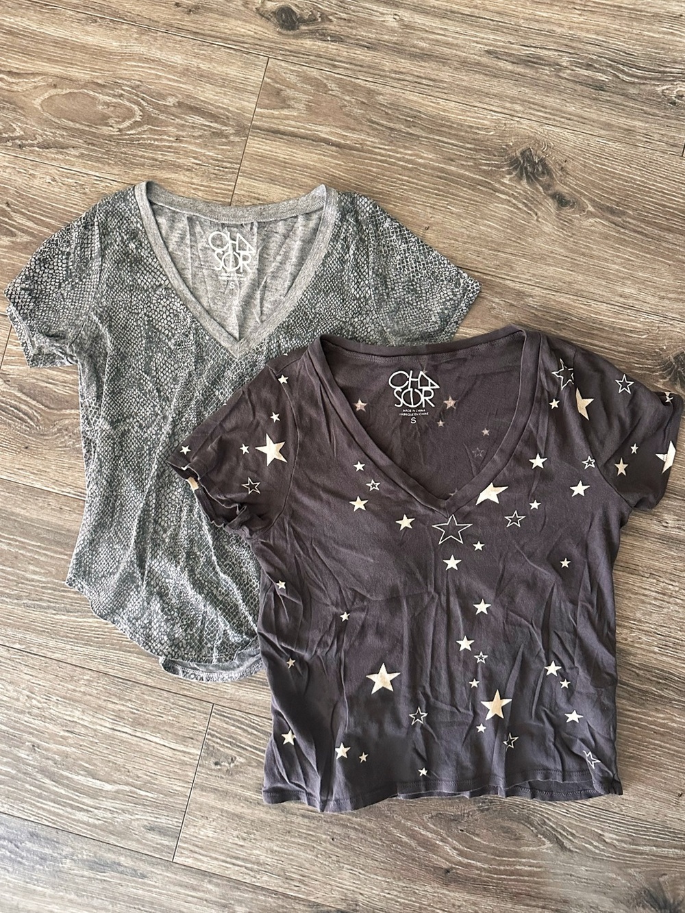 Two Chaser Women’s V-Neck Tees - Charcoal with Cream Stars and Snake Print